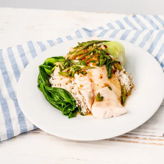 Aromatic Steamed Haddock, Rice, Bok Choi and Fragrant Soy Dressing