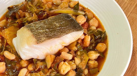 BBQ ROASTED COD PORTIONS WITH CHORIZO, BEAN AND CHICKPEA STEW