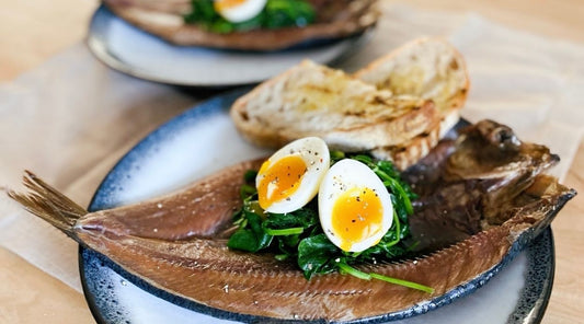 KIPPERS, SAUTÉED SPINACH , SOFT-BOILED EGG AND SOURDOUGH