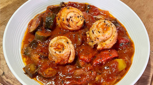 BBQ SPANISH PISTO WITH ROLLED WHITING
