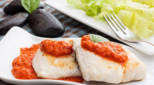 ROASTED HAKE WITH TOMATO AND BASIL SAUCE